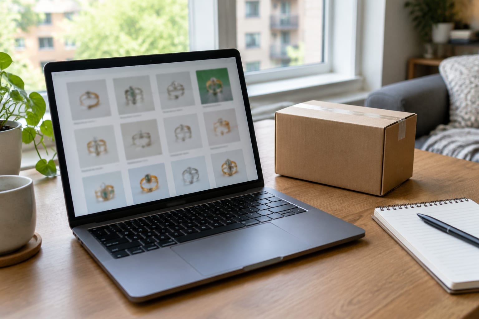 A laptop showing rows of ring photos beside a small shipping box on a wooden desk