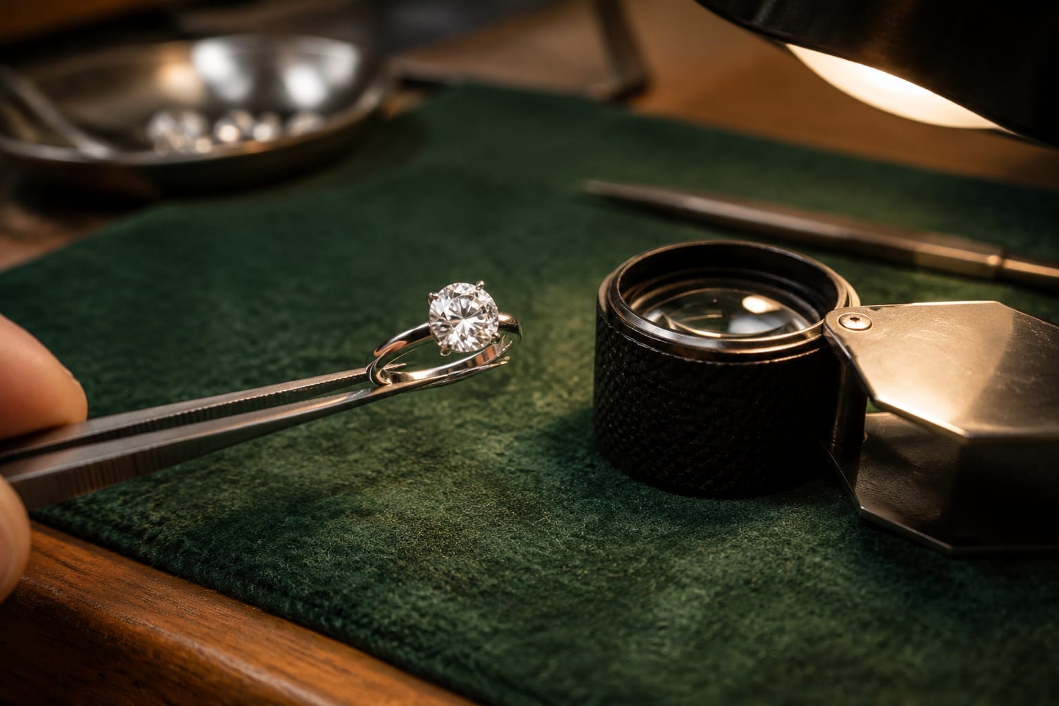 An engagement ring held up to a jeweller's loupe over a felt pad