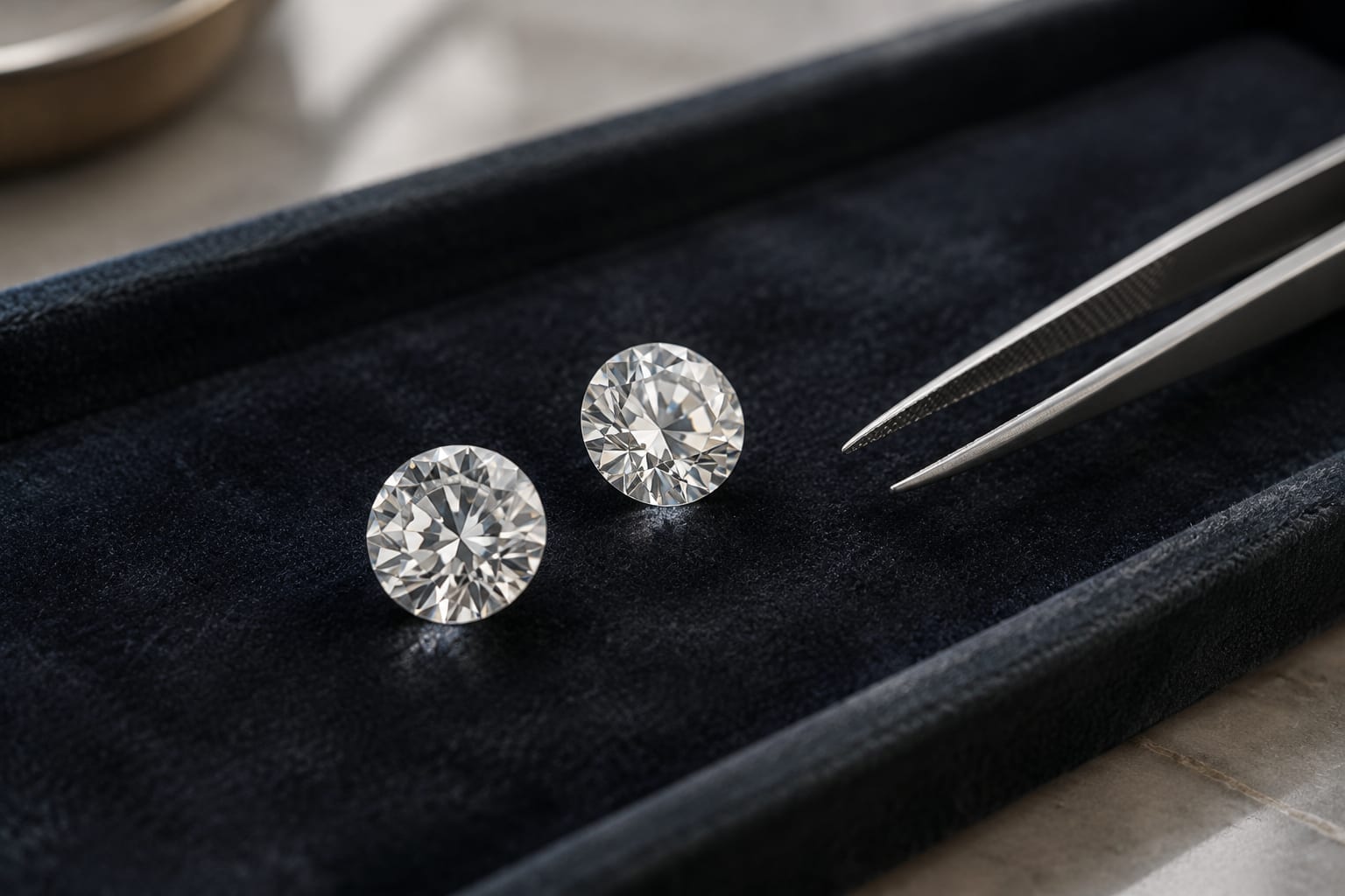 Two loose polished diamonds on a dark velvet tray next to a pair of tweezers
