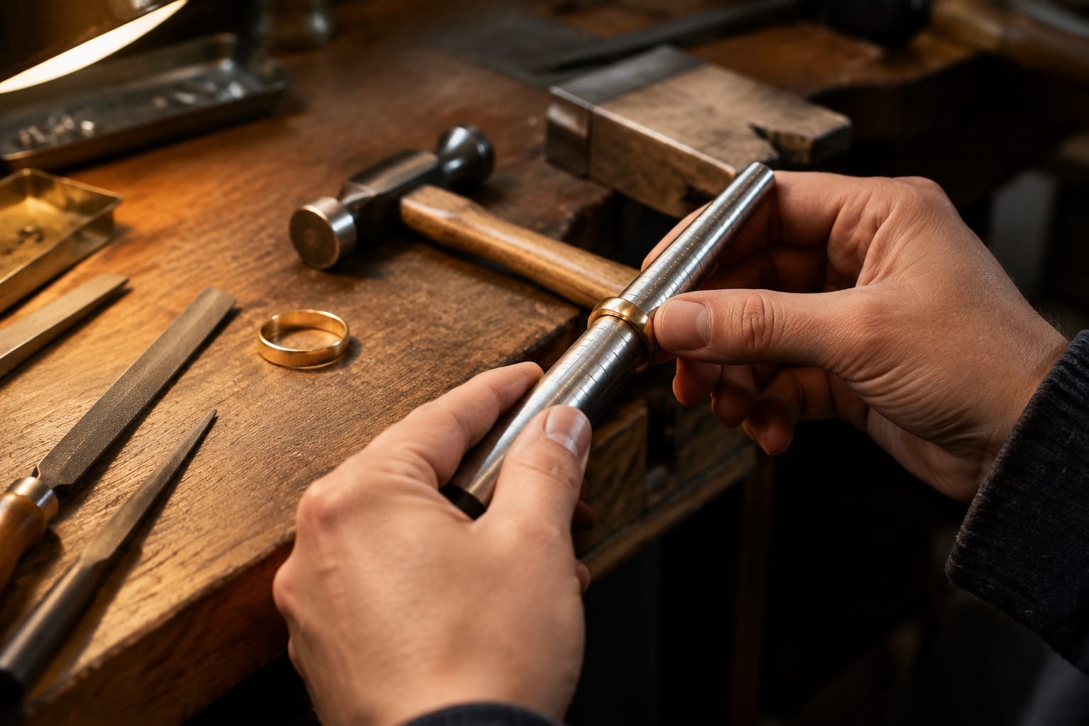 A jeweller's bench with a ring mandrel, a small hammer and a gold band being measured