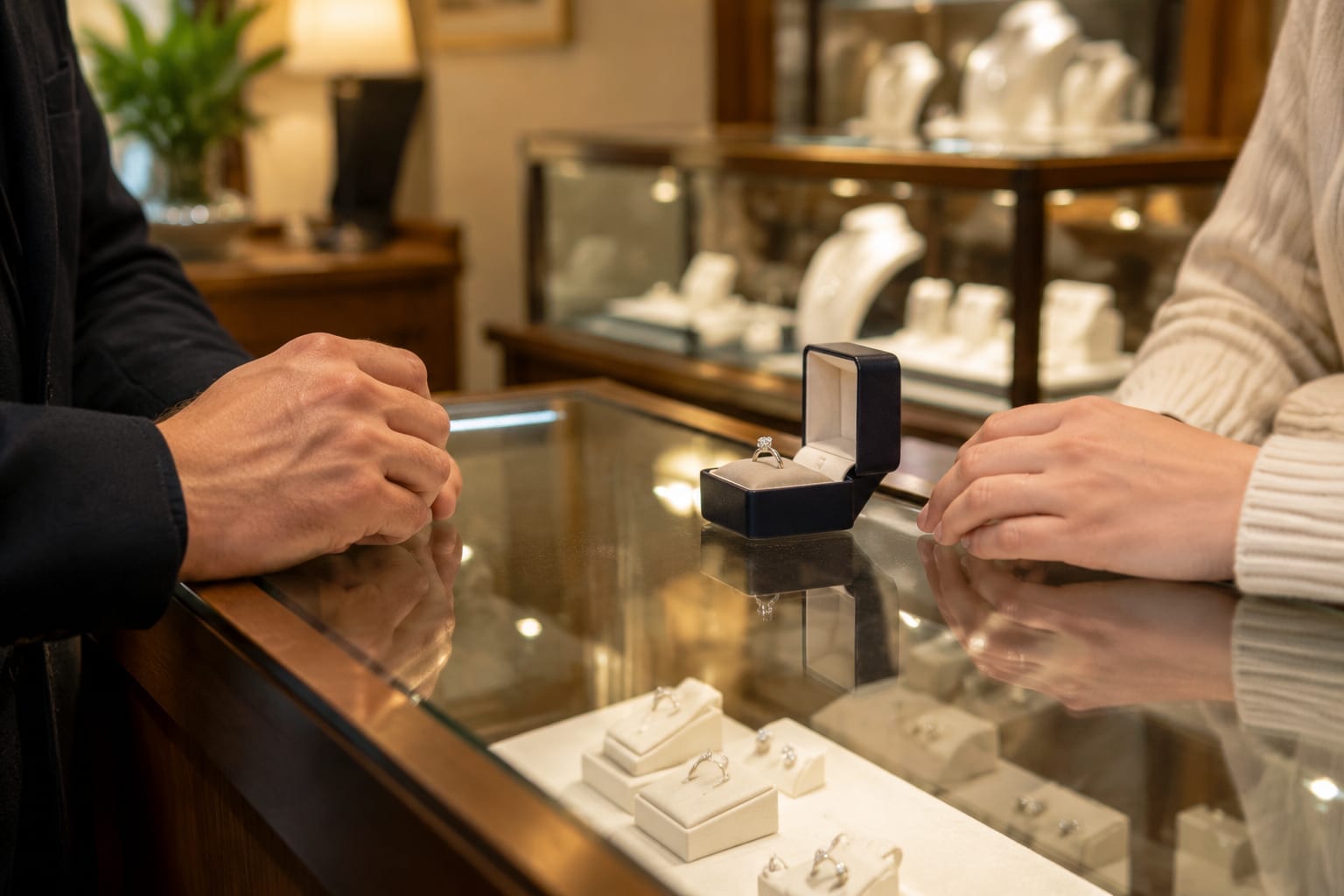 A person's hands resting on a jewellery counter beside a small open ring box in soft shop light