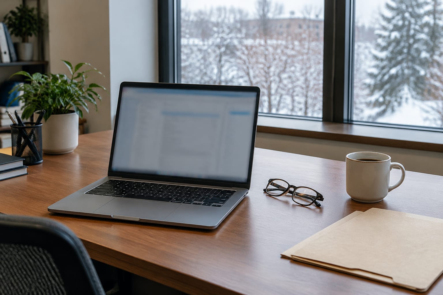 A laptop and a pair of glasses on an office desk with a mug of coffee