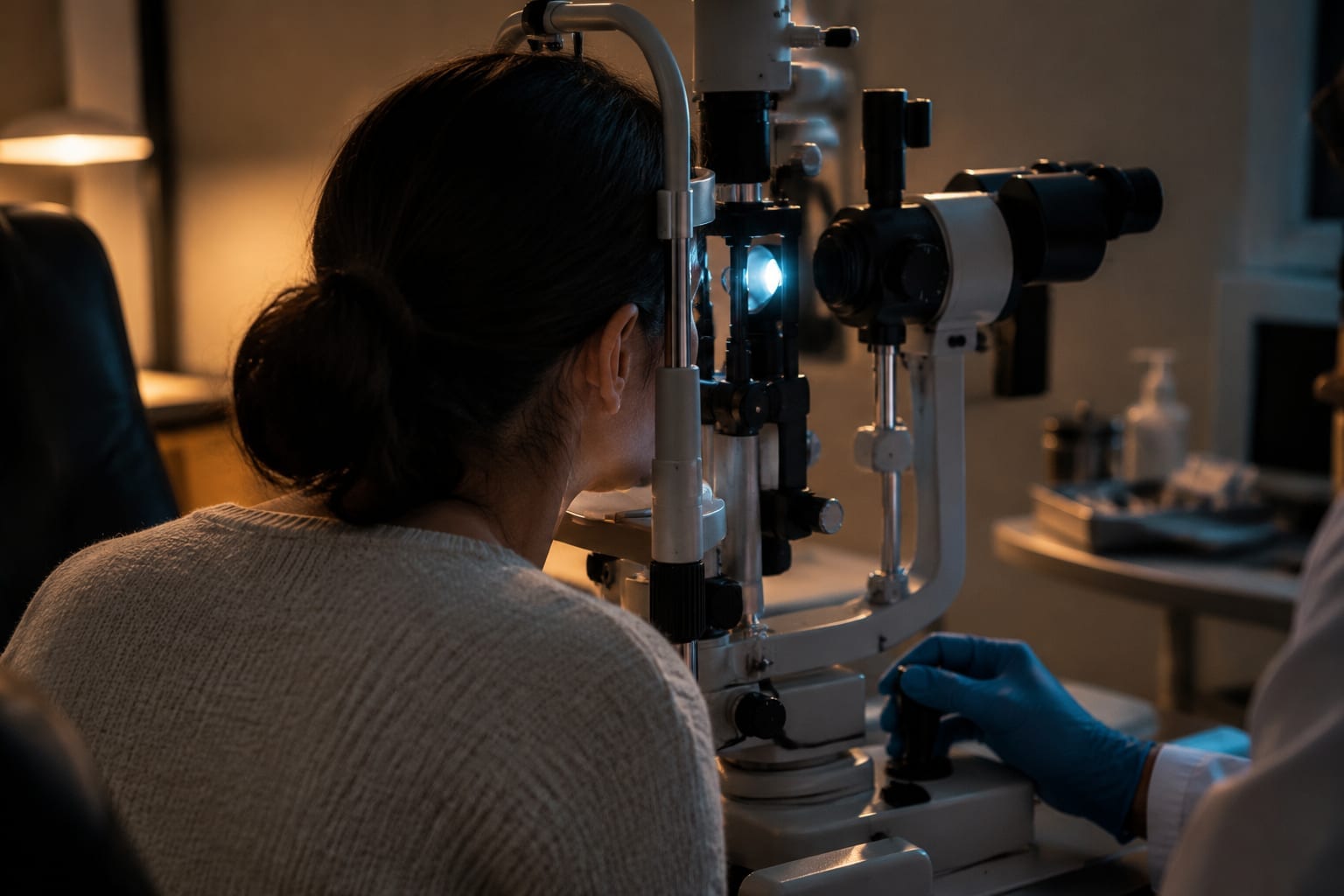A patient seated at a slit lamp in a dim optometry exam room, seen from behind