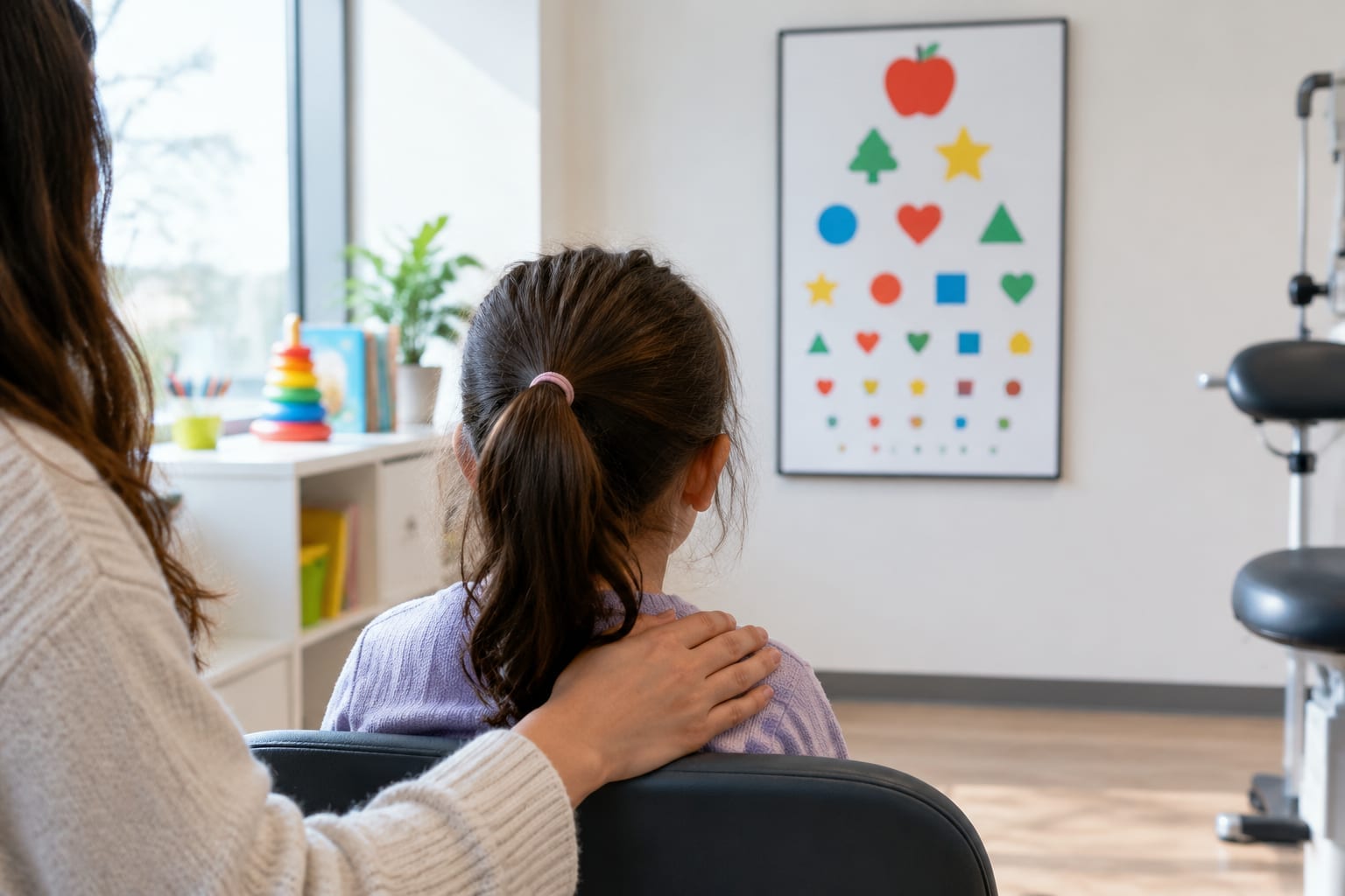 A young child seated in a bright room looking at a wall chart, photographed from behind