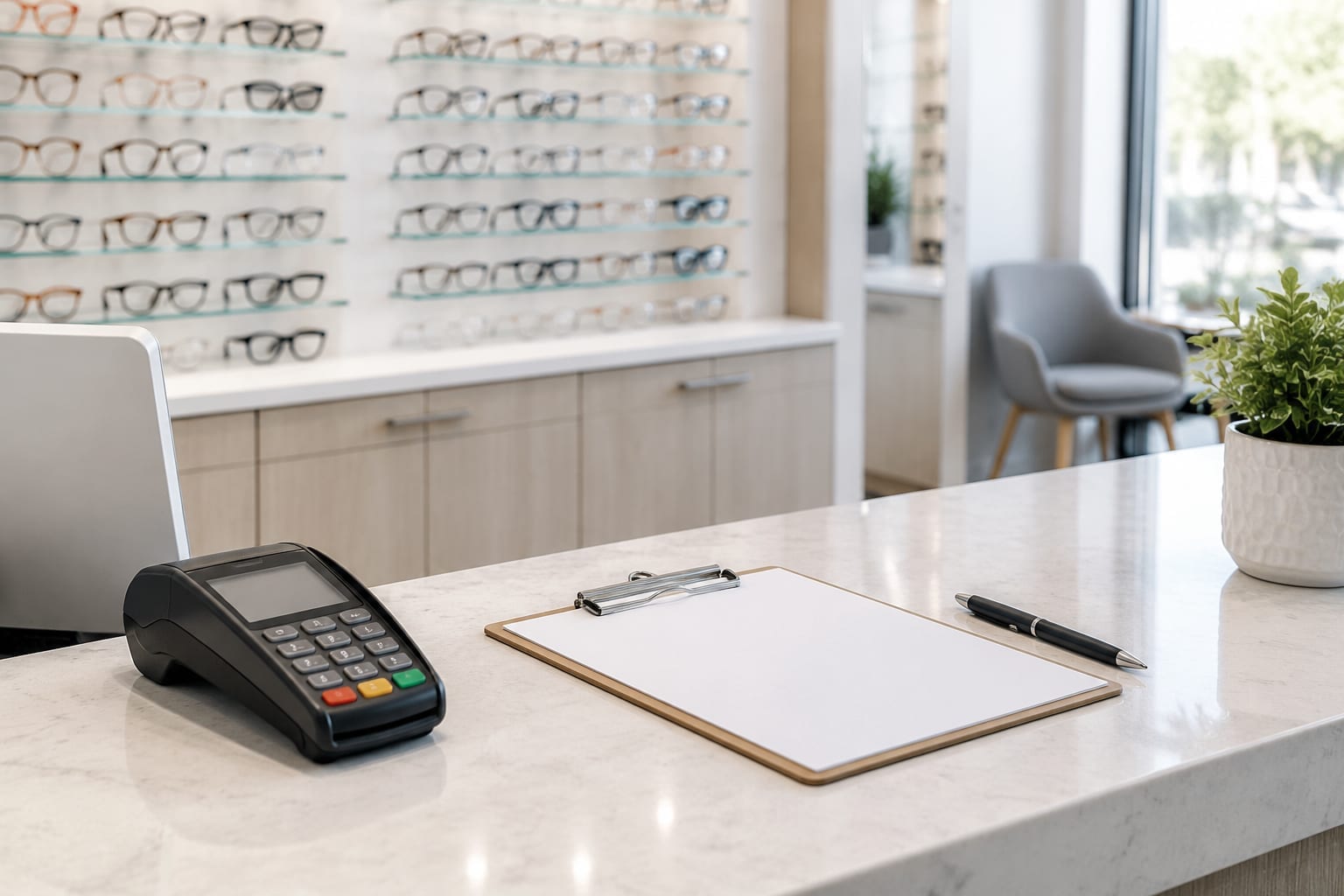 A clinic reception desk with a card payment terminal and a blank clipboard