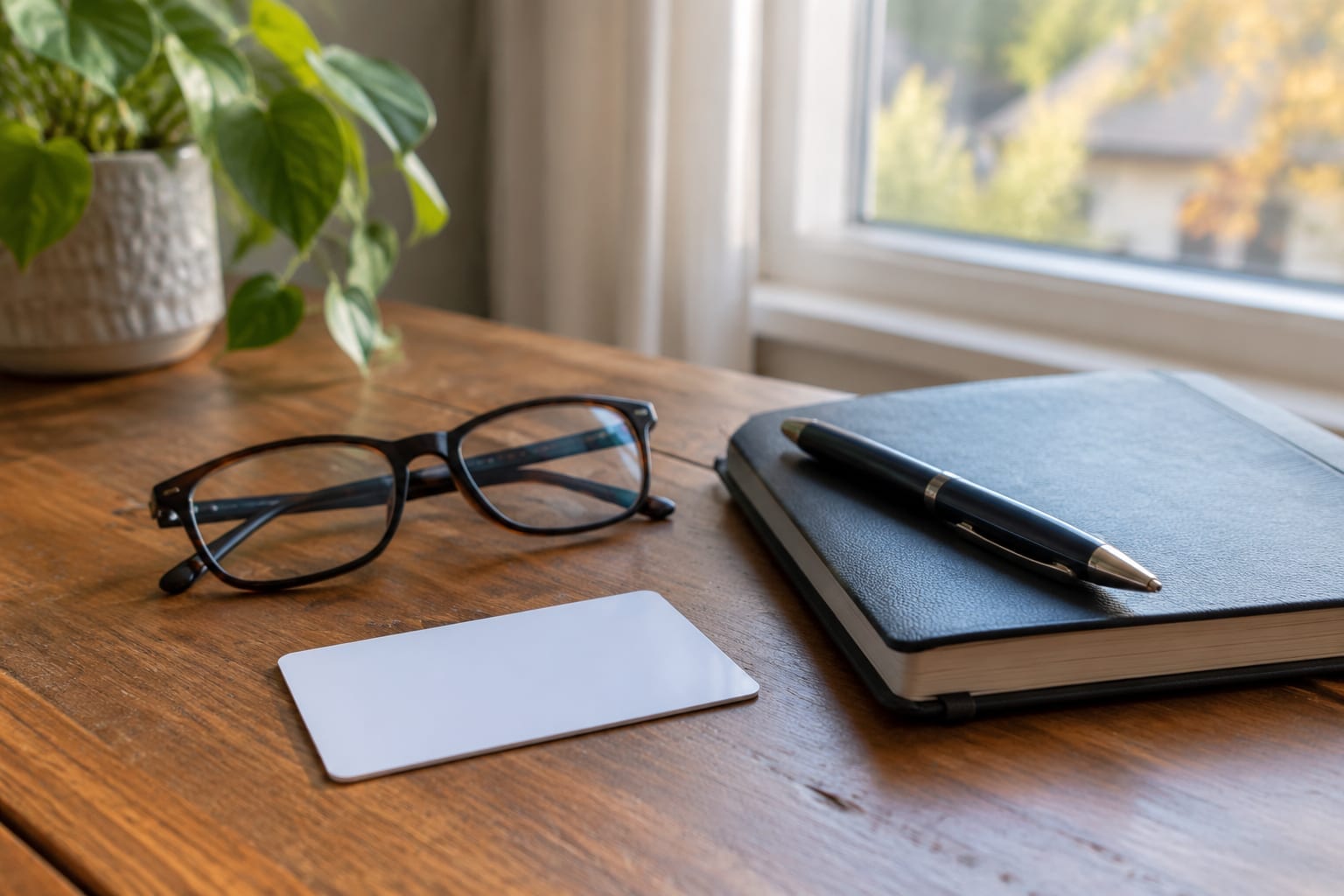 Reading glasses, a health card and a notebook on a wooden table beside a window