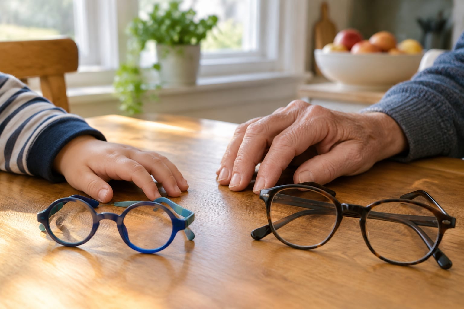 A child's hand and an adult's hand resting on a table beside a pair of small round glasses