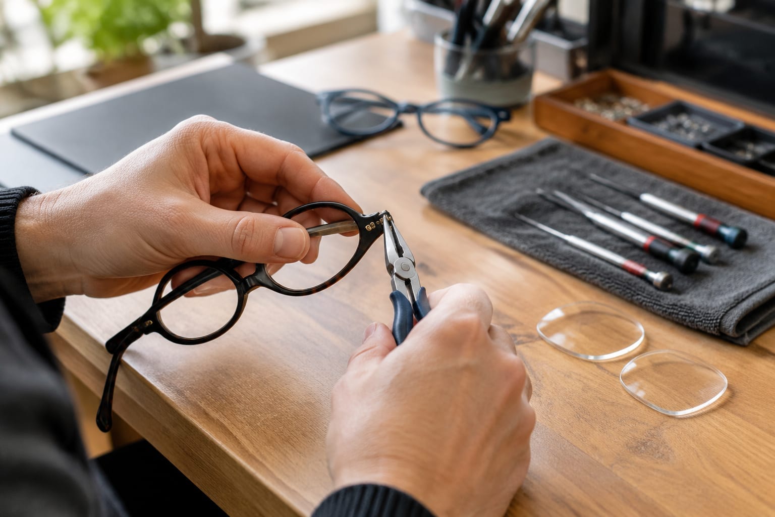 A person's hands adjusting a pair of eyeglass frames at a workbench with small tools
