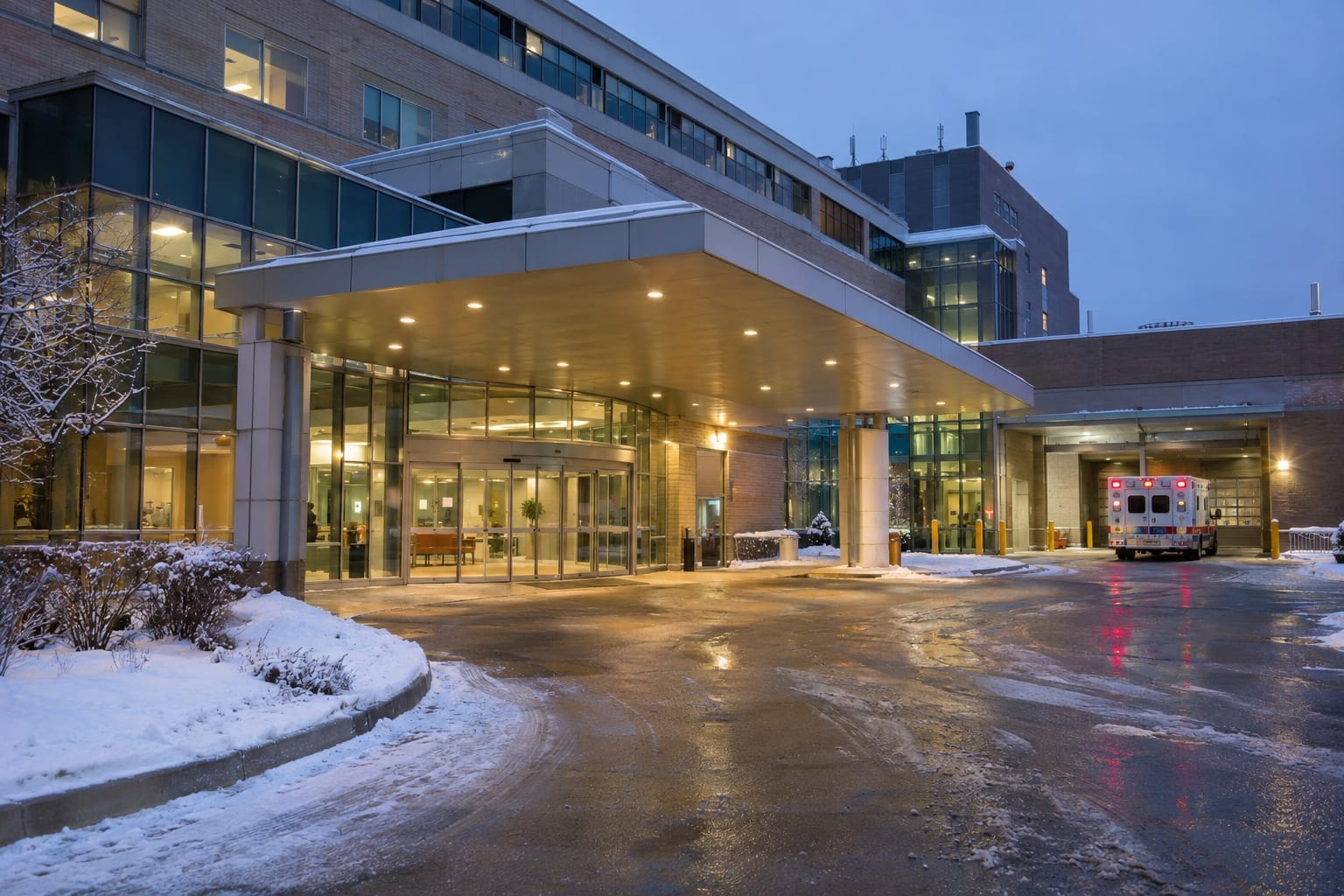 The lit entrance of a large hospital emergency department at dusk in winter