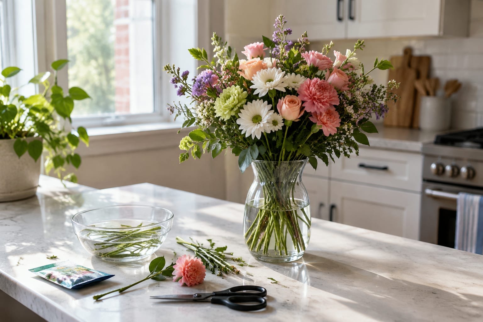 A glass vase of mixed flowers on a kitchen counter beside a pair of scissors and a small bowl of water