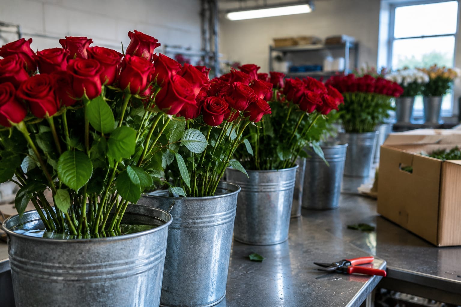 Rows of red roses in buckets in a cool flower room, ready to be made into bouquets