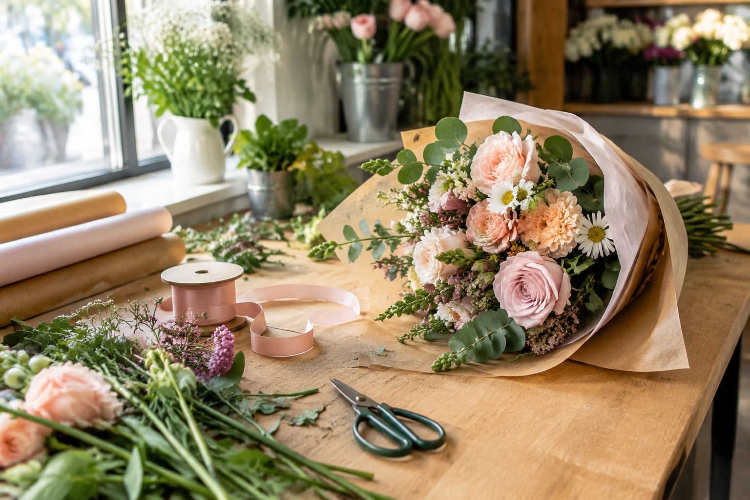 A florist's workbench in a bright Ottawa shop with loose stems, ribbon and paper wrap ready for an order