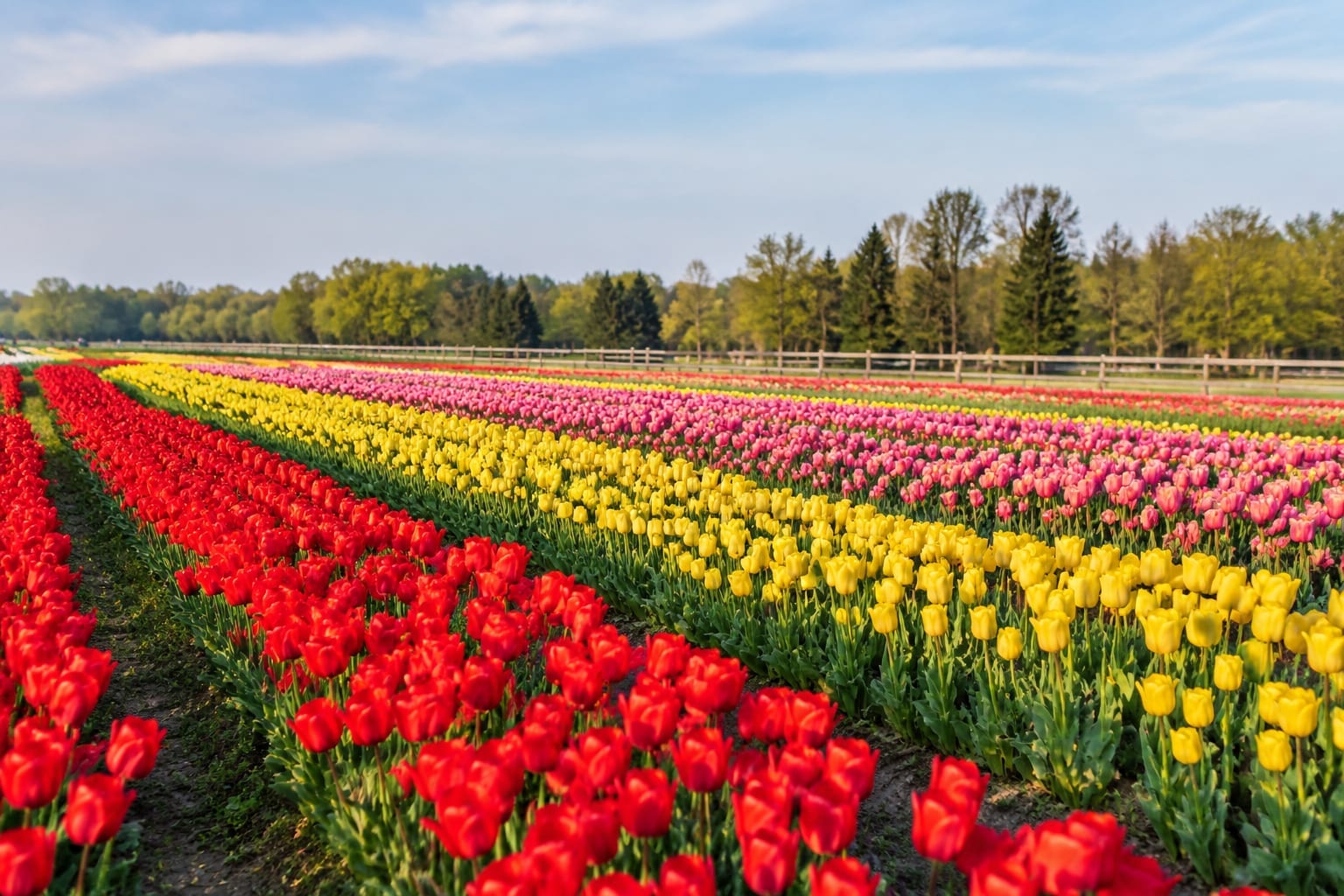 Rows of tulips in bloom in an Ottawa field under a pale spring sky