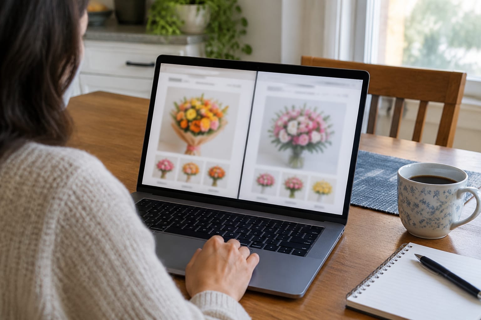A person at a kitchen table comparing two flower-delivery websites on a laptop with a coffee beside it