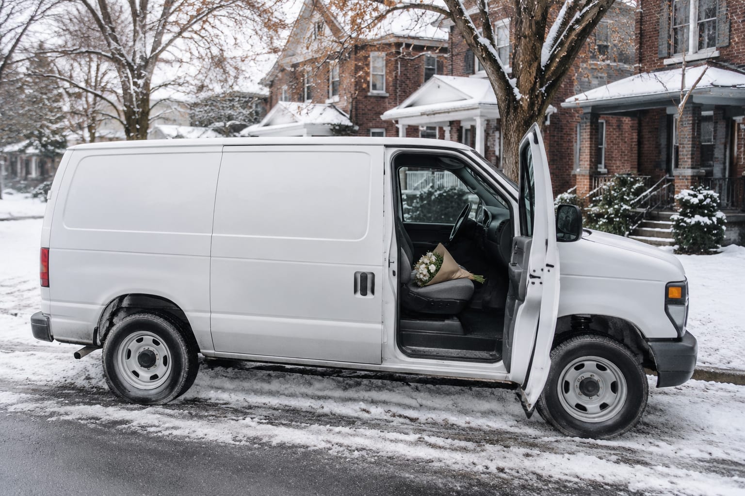A delivery van parked on a snowy residential street in Ottawa with a wrapped bouquet on the passenger seat