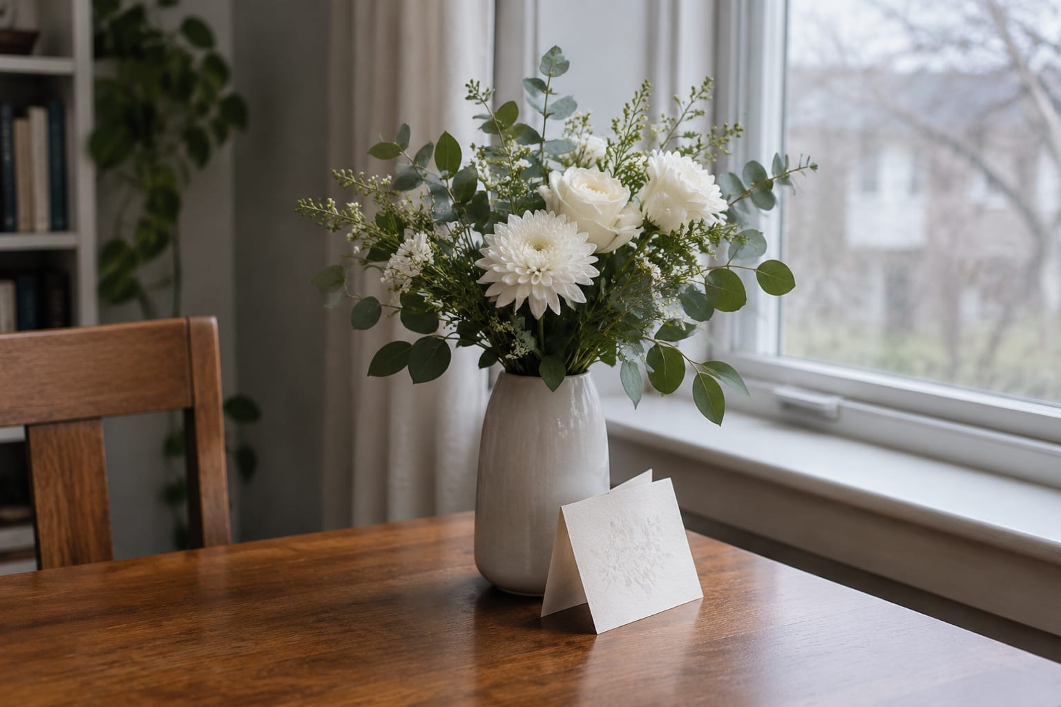 White lilies and greenery in a simple arrangement on a table near a window in soft grey light