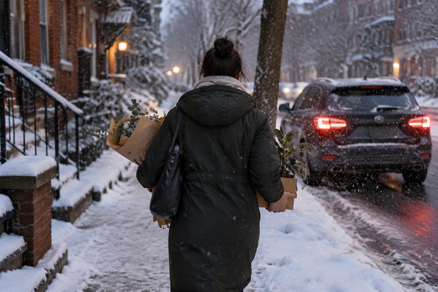 A wrapped bouquet and a potted plant carried through a snowy Ottawa street toward a heated car