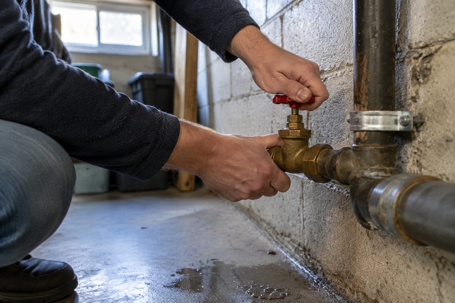 A homeowner's hands turning the main water shut-off valve on a basement wall