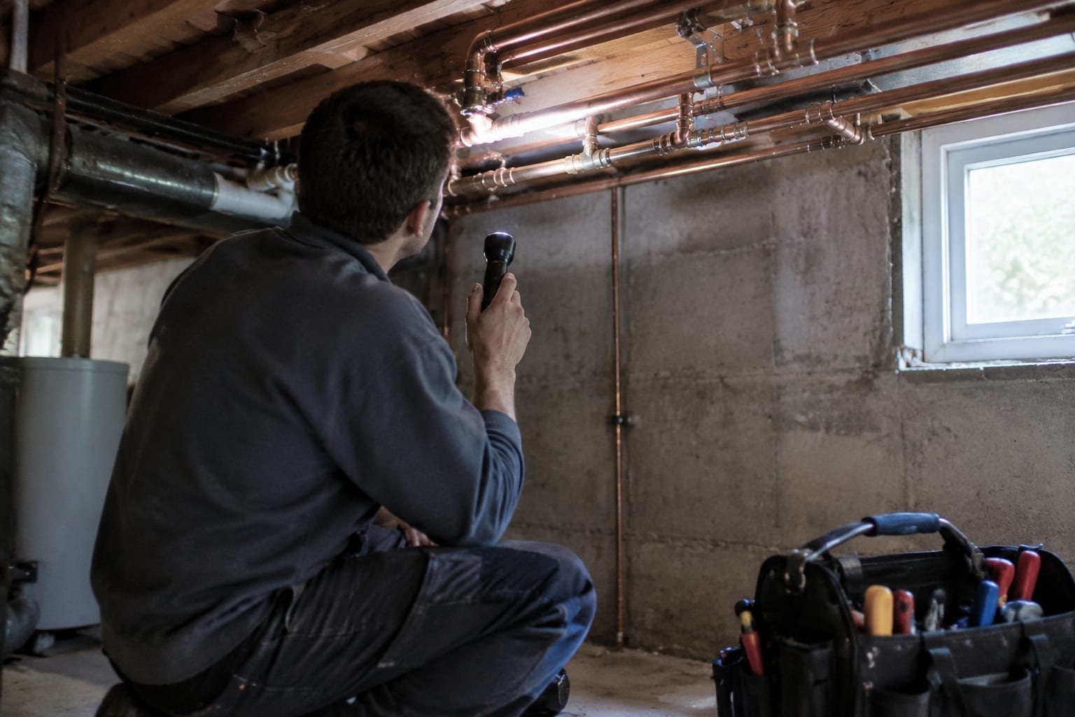 A licensed plumber in work clothes inspecting copper piping under a basement ceiling with a flashlight