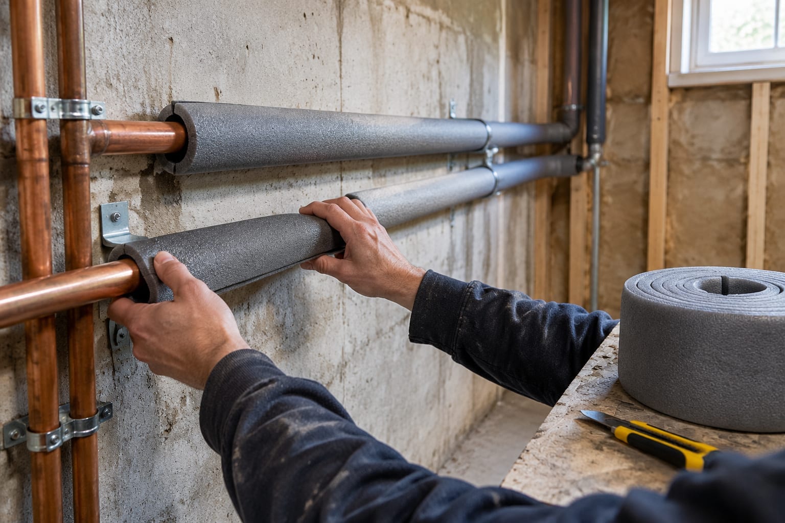 Foam insulation sleeves being fitted on water pipes near a basement exterior wall