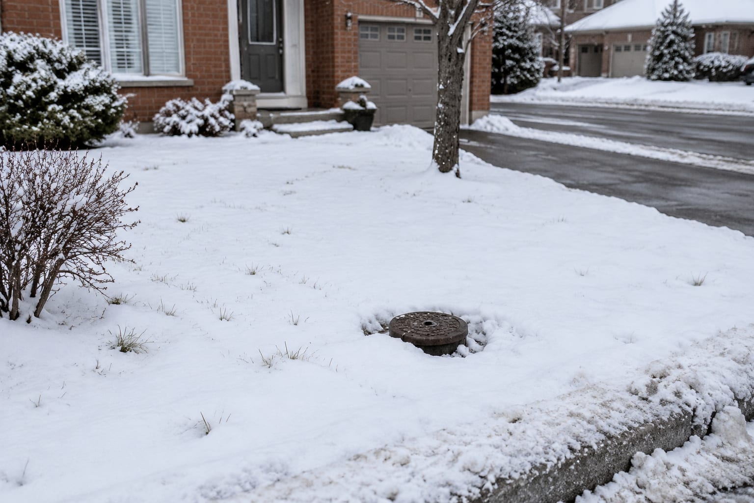A snow-covered front yard in an Ottawa suburb with a municipal water shut-off valve cover near the curb