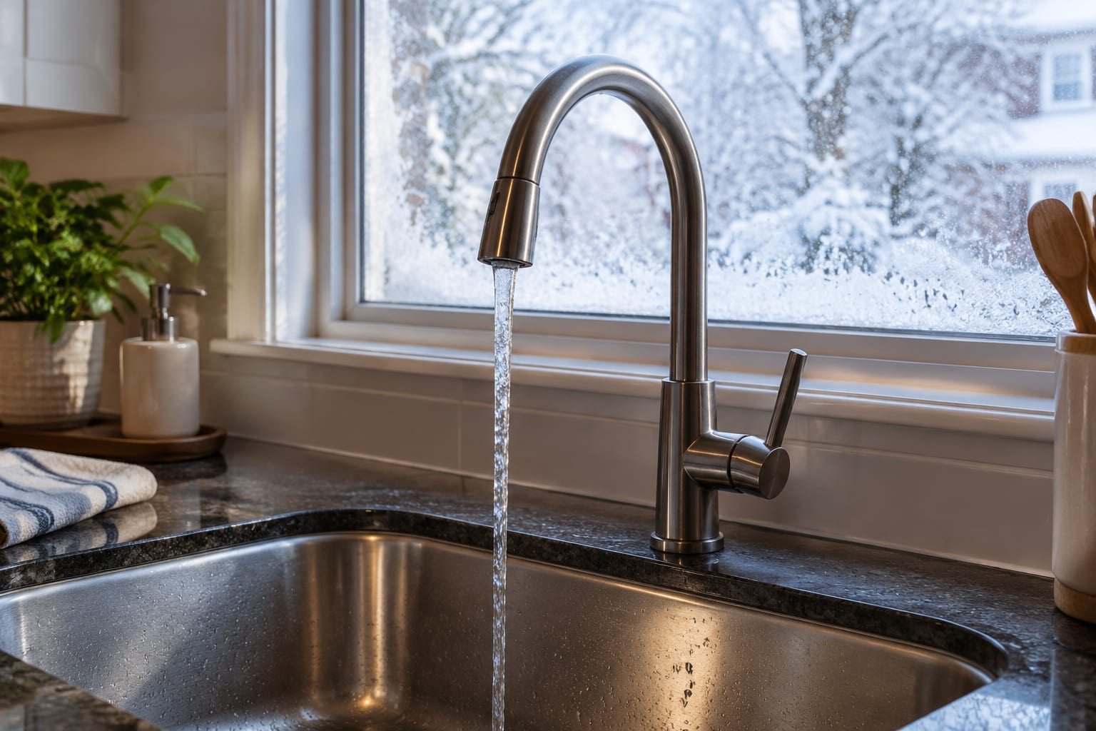 A kitchen tap running a thin steady stream of water into a stainless steel sink on a winter morning