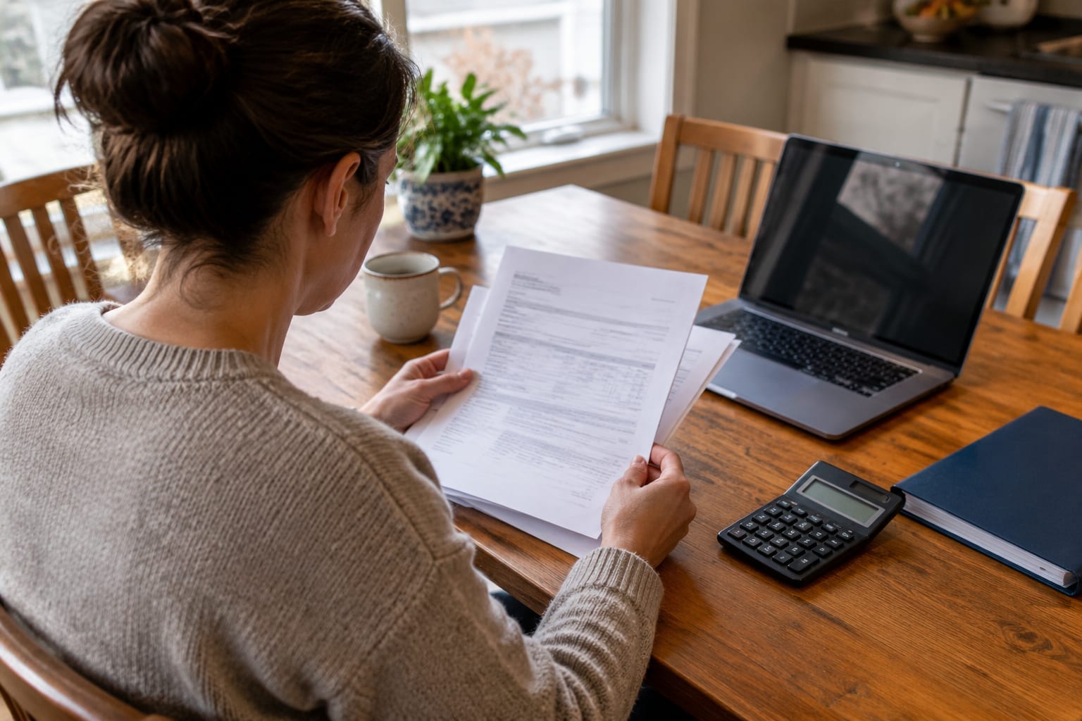 A homeowner reading a written furnace quote at a kitchen table beside a laptop and a folder