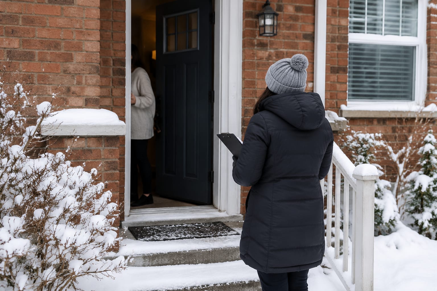 A homeowner talking with a salesperson through a partly opened front door on a snowy Ottawa porch, faces turned away