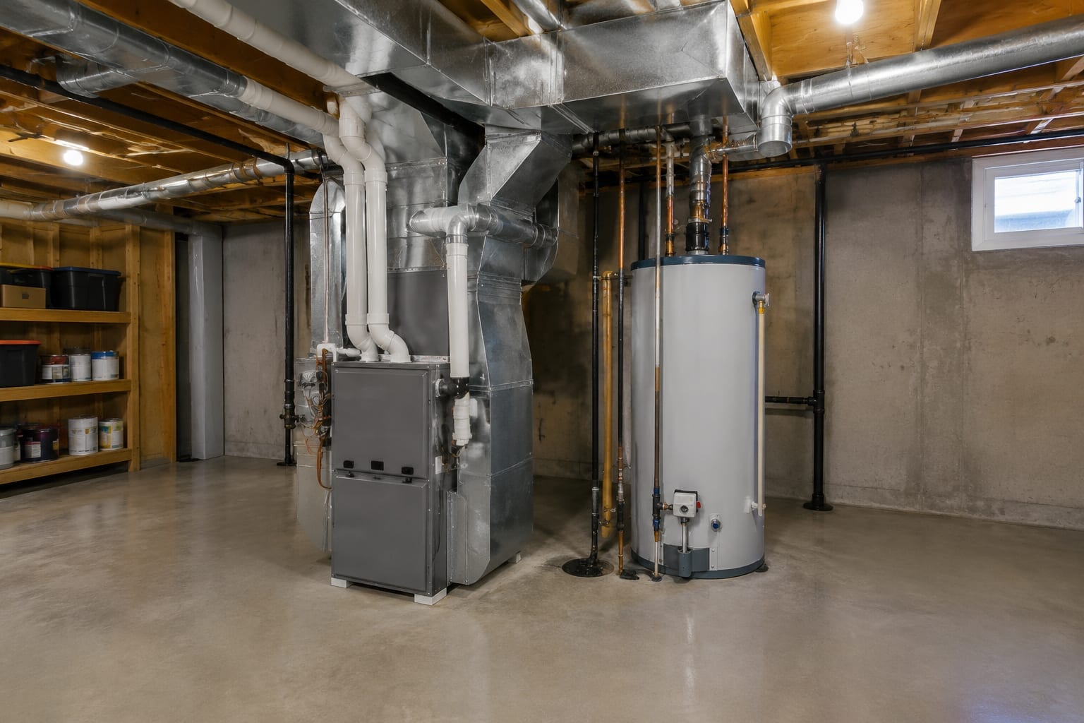 A gas furnace and ductwork in a tidy basement utility room of an Ottawa house