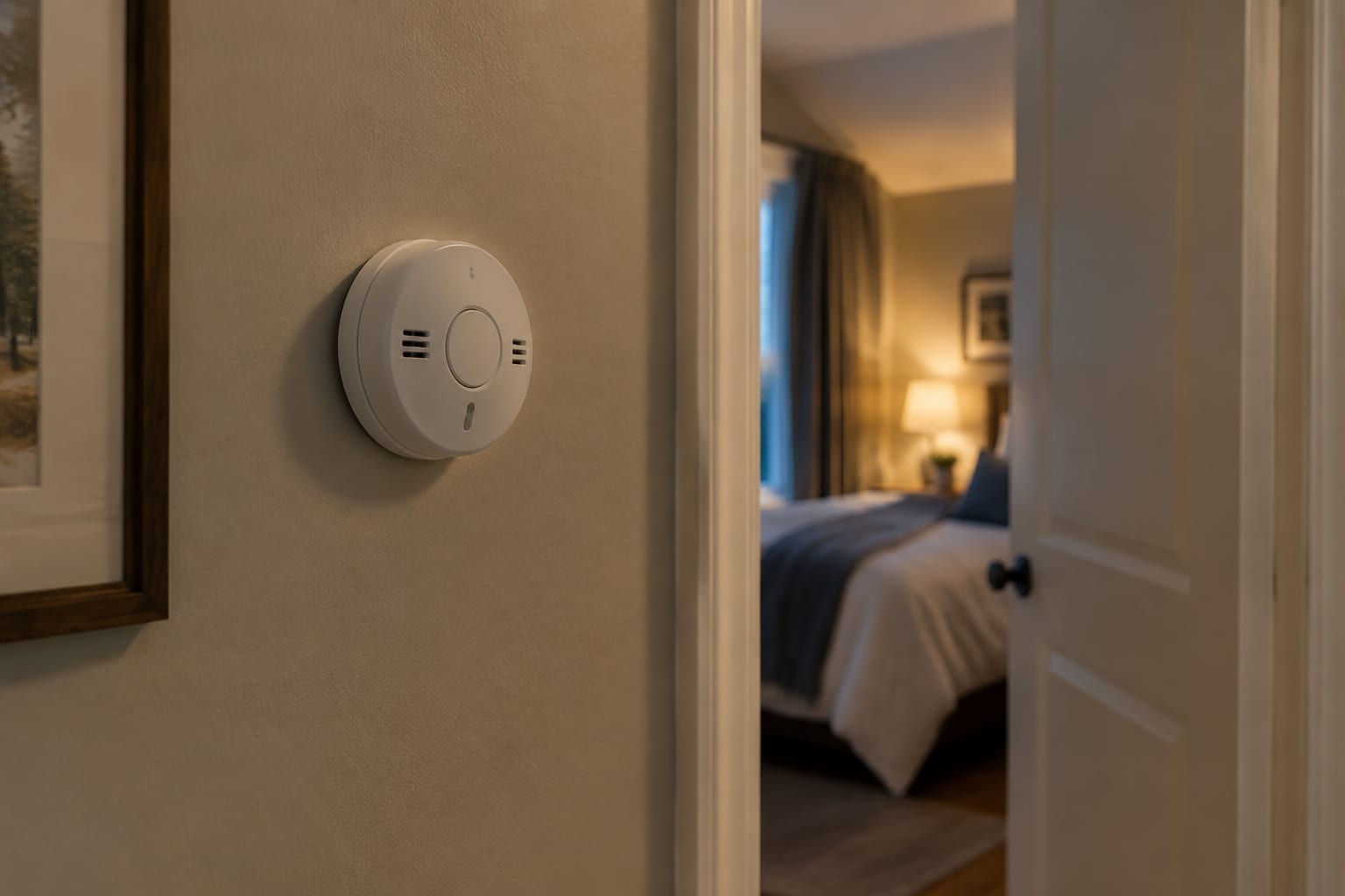 A carbon monoxide alarm mounted on a hallway wall outside a bedroom door in an Ottawa home