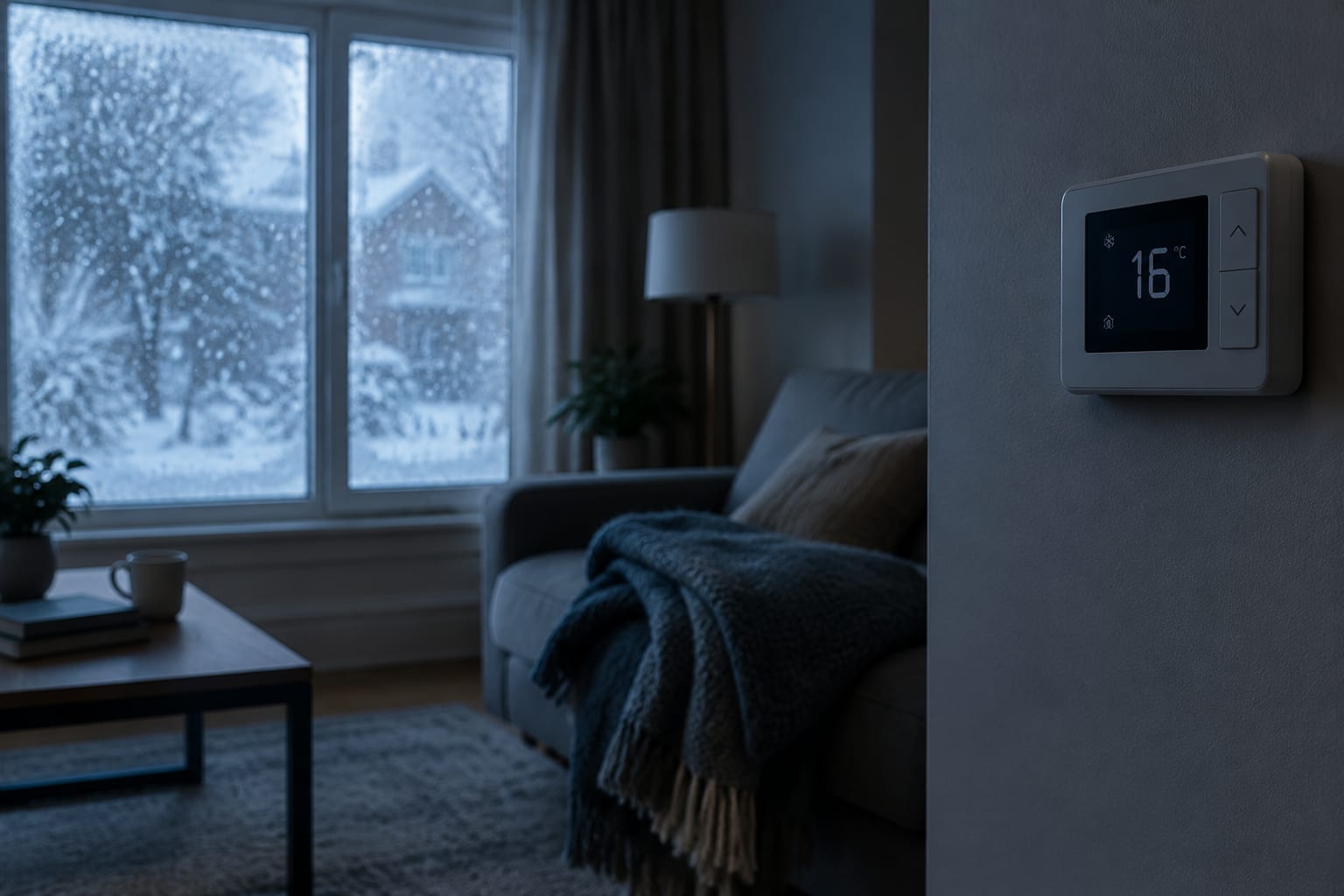 A frosted window in an Ottawa living room with a thermostat on the wall and snow falling outside