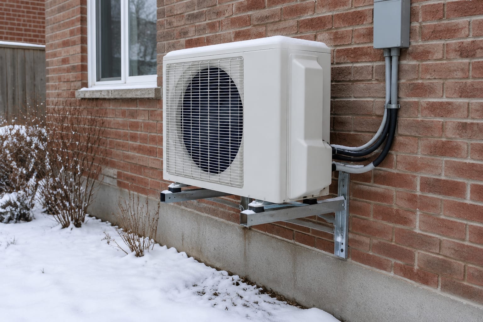 A cold-climate heat pump outdoor unit mounted on a wall bracket above snow beside a brick house in Ottawa