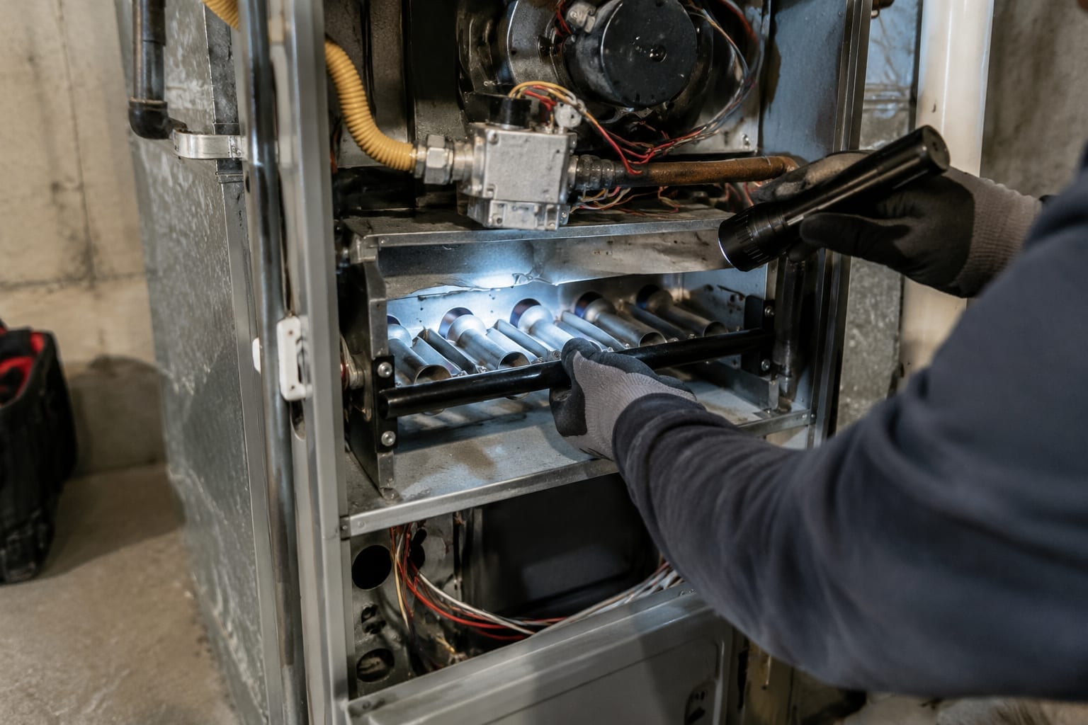 A technician's gloved hands inspecting the burner area of a gas furnace with the panel removed
