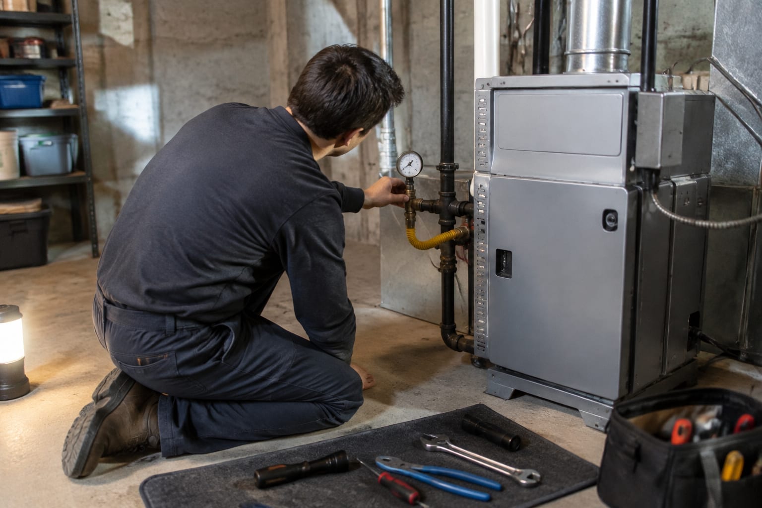 A licensed technician in plain work clothes checking a gas furnace connection with a gauge in an Ottawa basement
