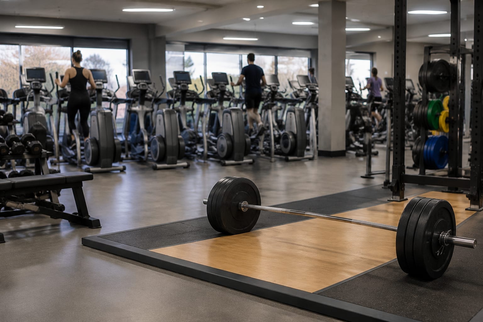 Members training on cardio machines and a lifting platform inside a large fitness club in Ottawa