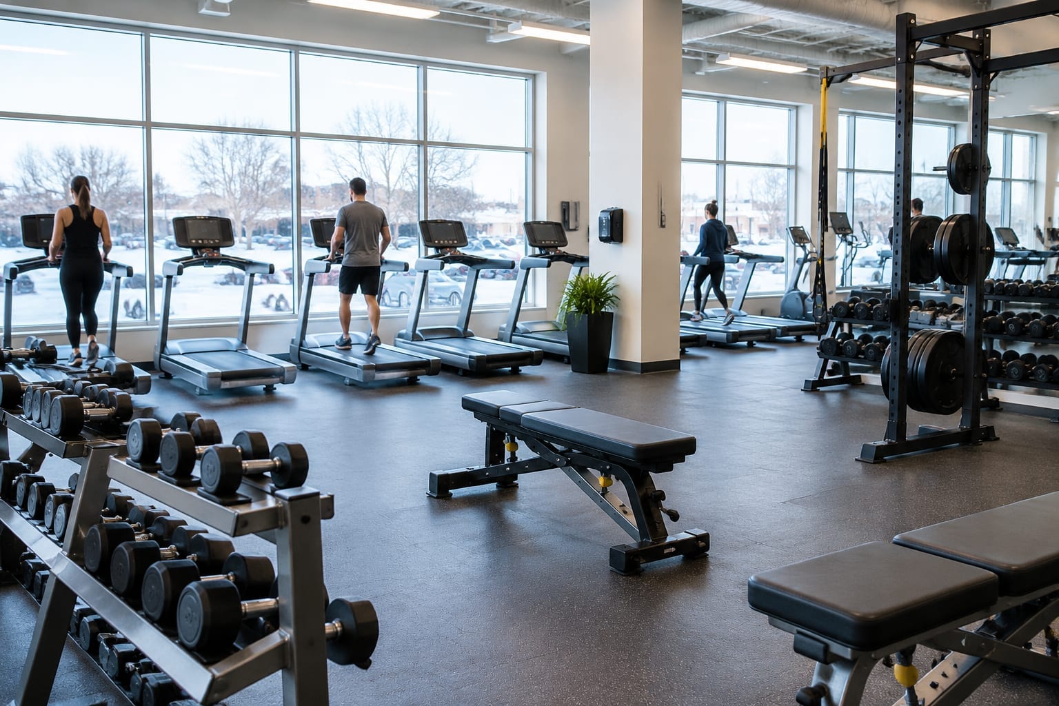 Rows of treadmills and weight benches in a bright fitness club in Ottawa