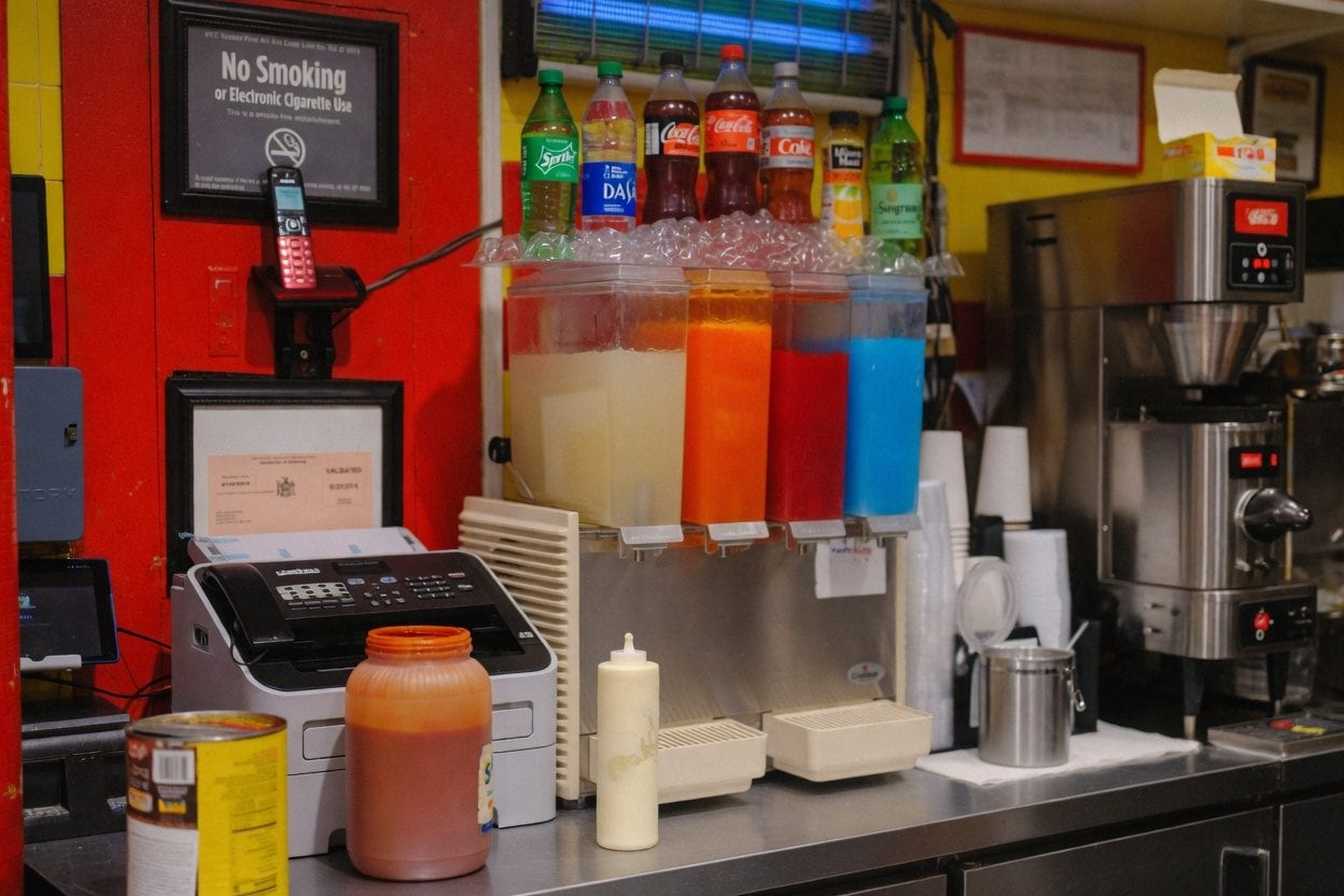 Fast food restaurant garnish bar with colourful toppings and sauces