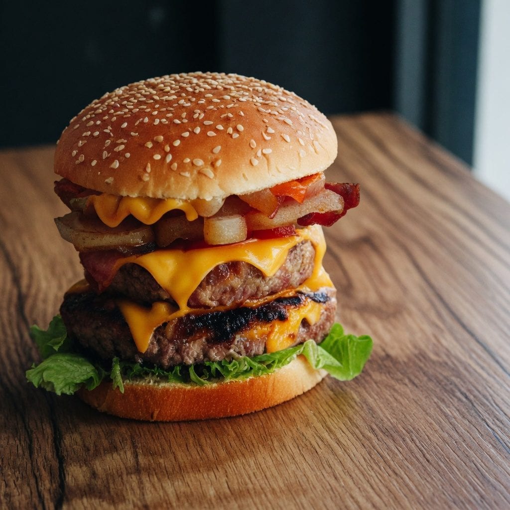Juicy double-patty burger on a wooden board with fries and toppings