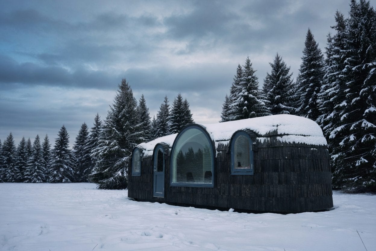 Dining domes in snow at night