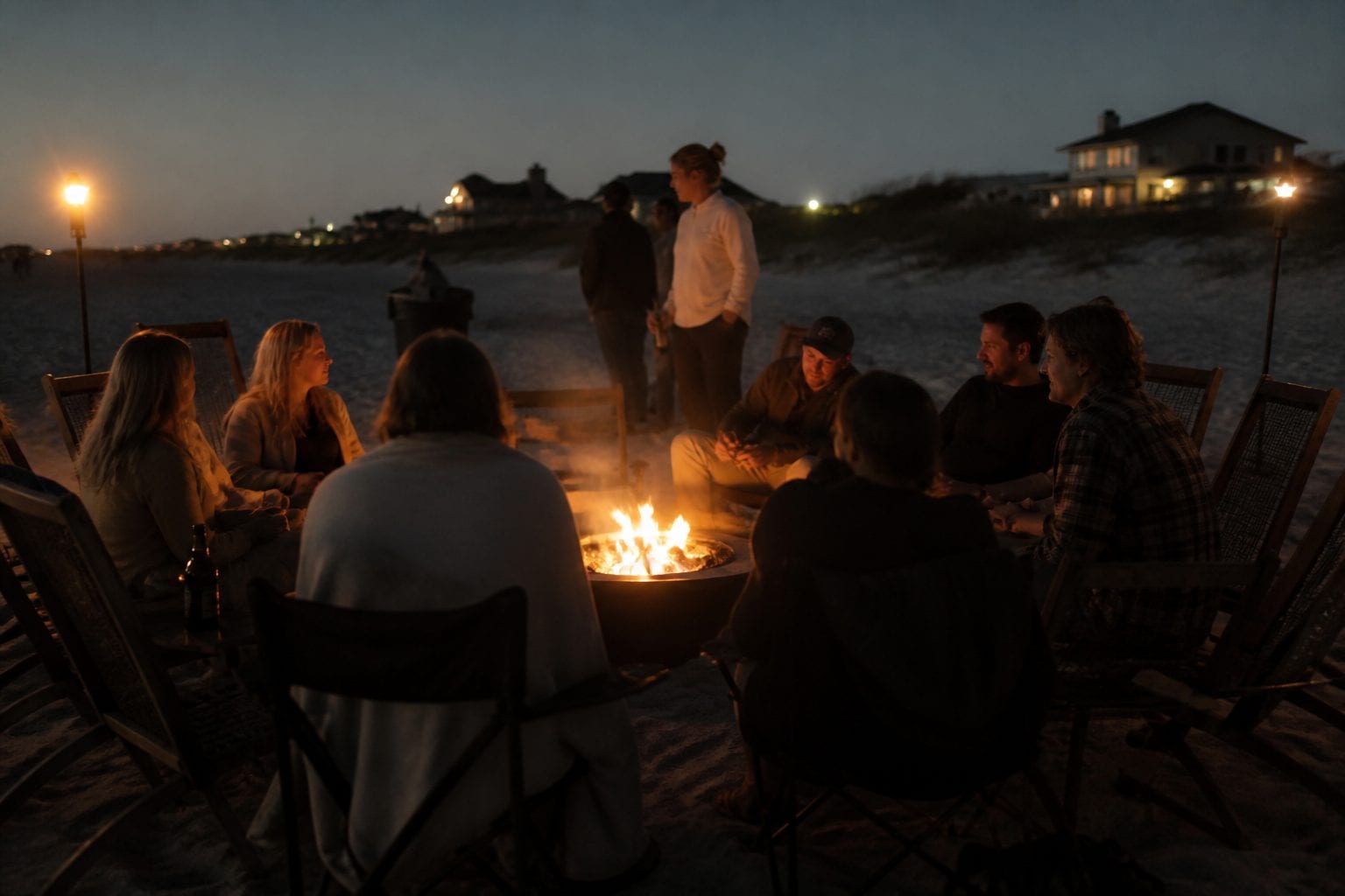 People sitting around fire pit winter patio