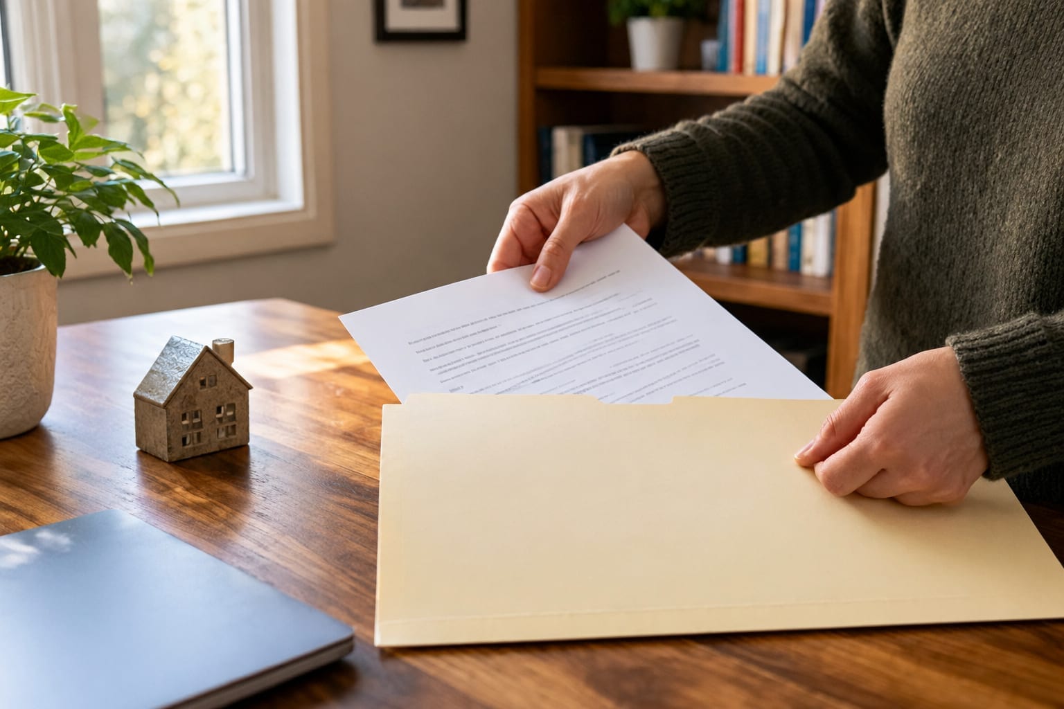A homeowner placing a signed inspection certificate in a folder of home records on a desk