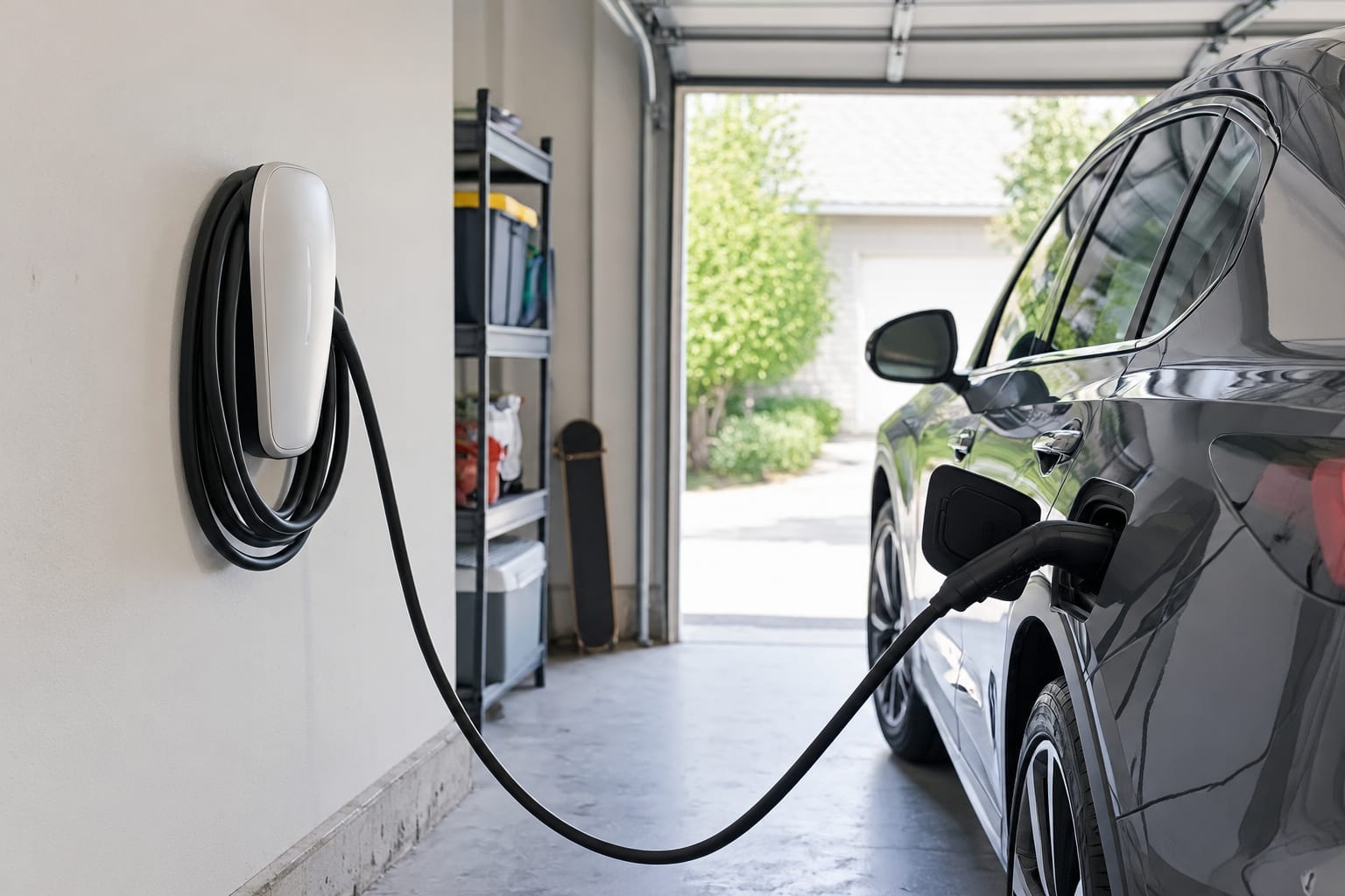A wall-mounted electric vehicle charger in an attached garage next to a parked electric car in Ottawa