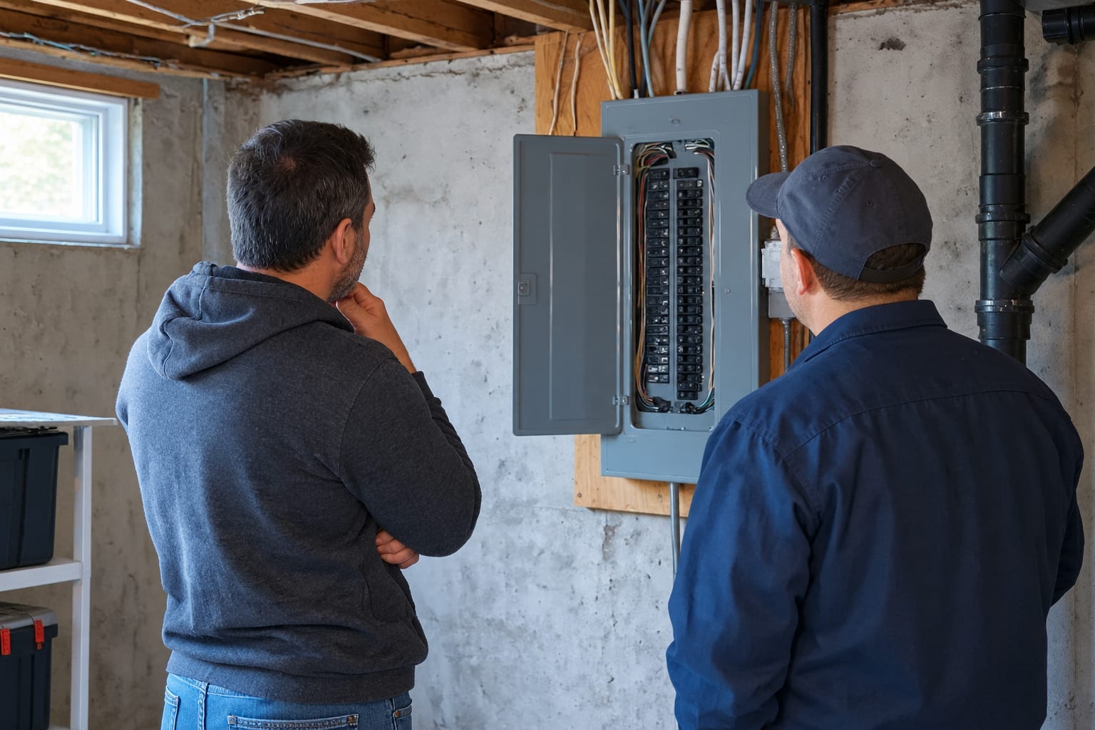 An Ottawa homeowner and a contractor reviewing an open electrical panel in a basement