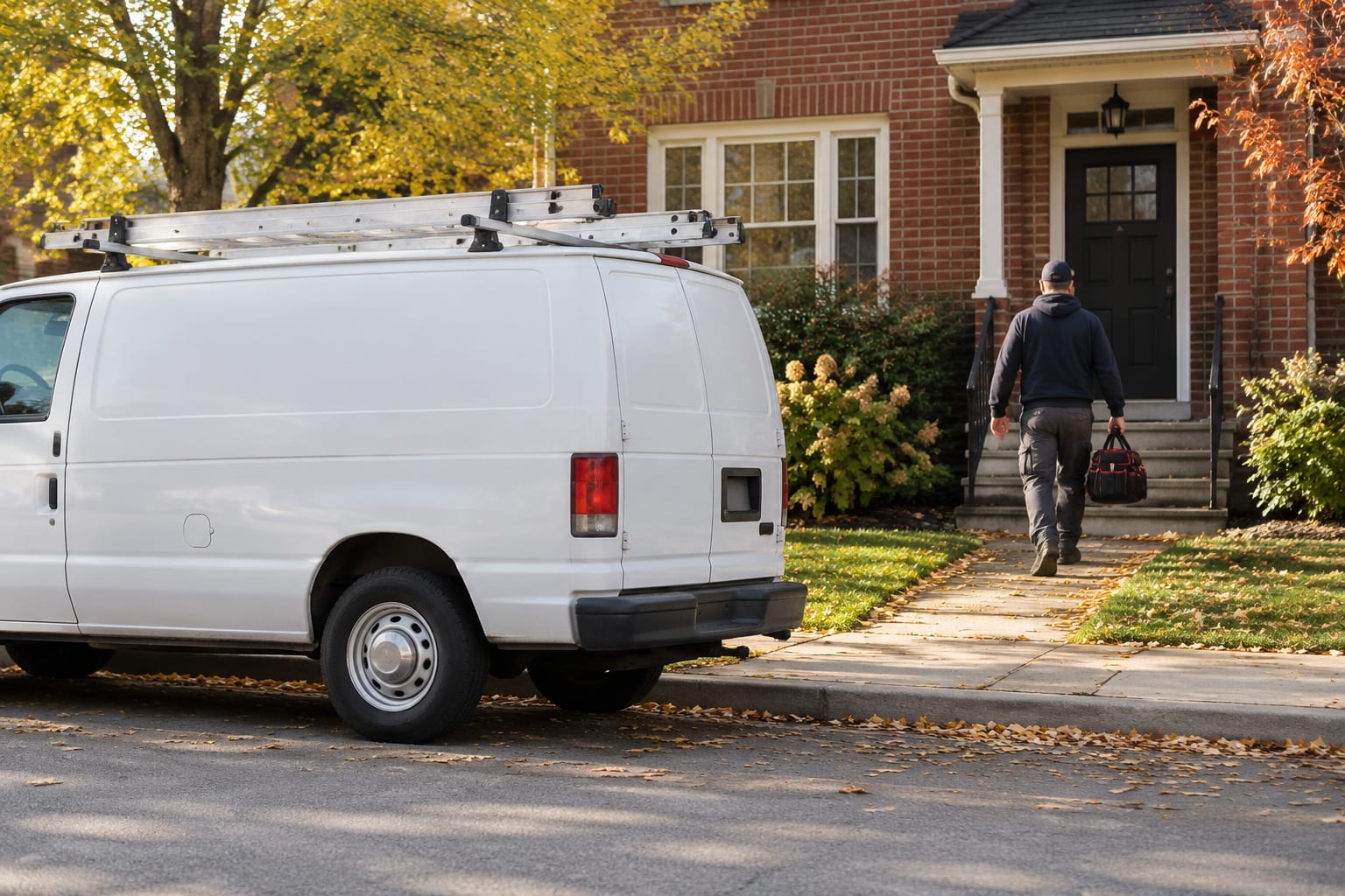 A work van parked in front of an Ottawa house with an electrician carrying a tool bag to the door