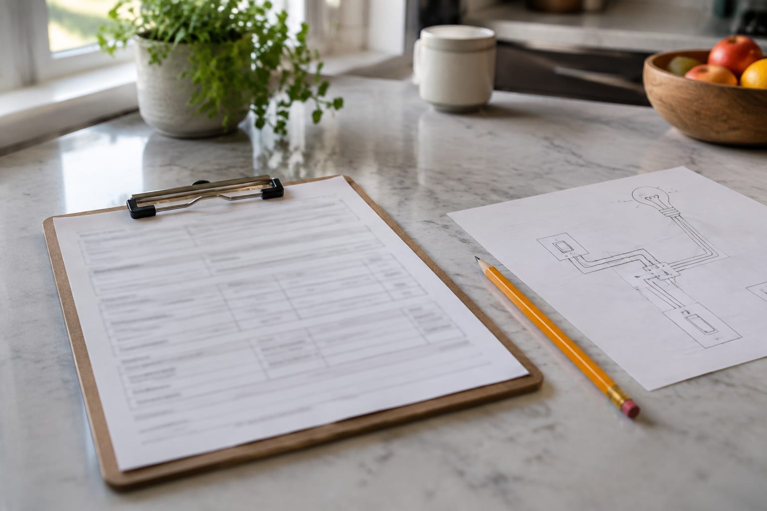 A close view of a hand-written permit notification form and a pencil on a kitchen counter next to a wiring diagram