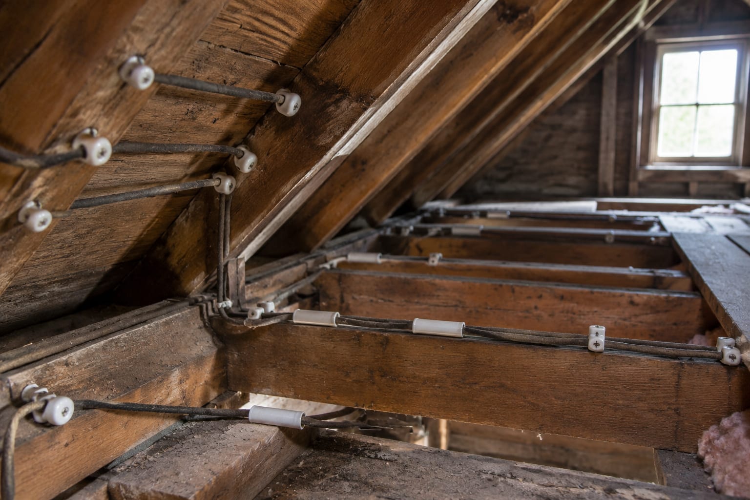 Old knob-and-tube wiring with ceramic knobs running along wooden joists in an unfinished attic