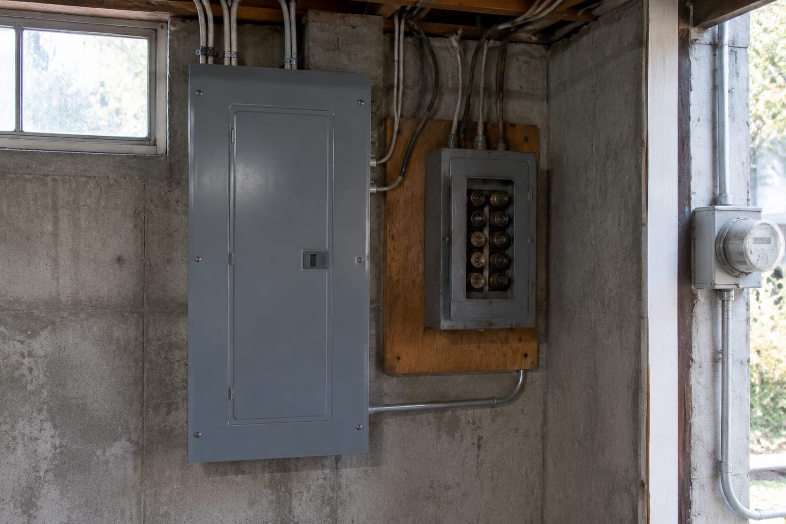A modern breaker panel and meter on a basement wall next to an older fuse box in an Ottawa house