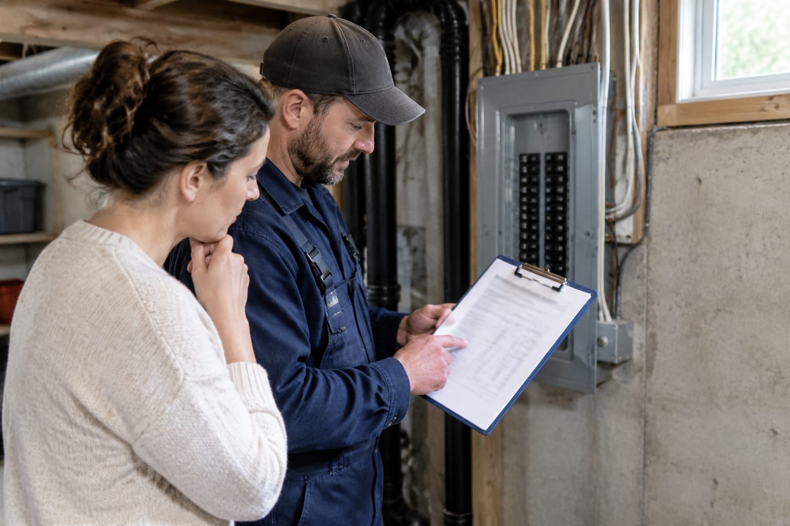 A homeowner and an electrician looking at a printed estimate beside an open electrical panel