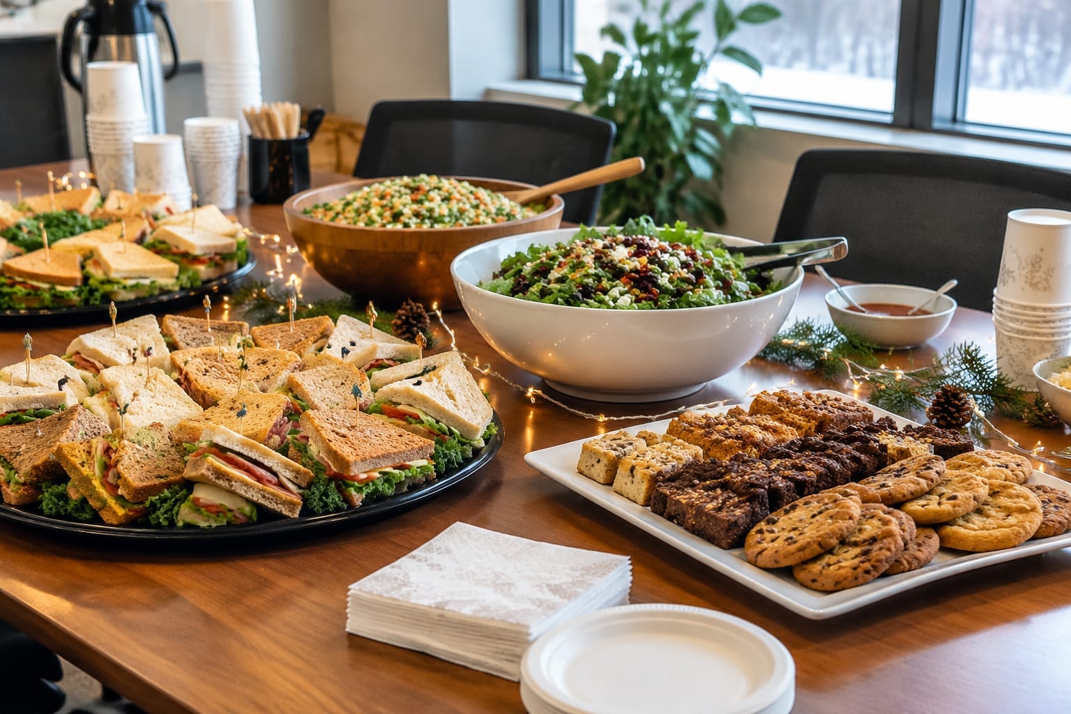 A festive office holiday lunch buffet with roast turkey, salads and desserts on a long table