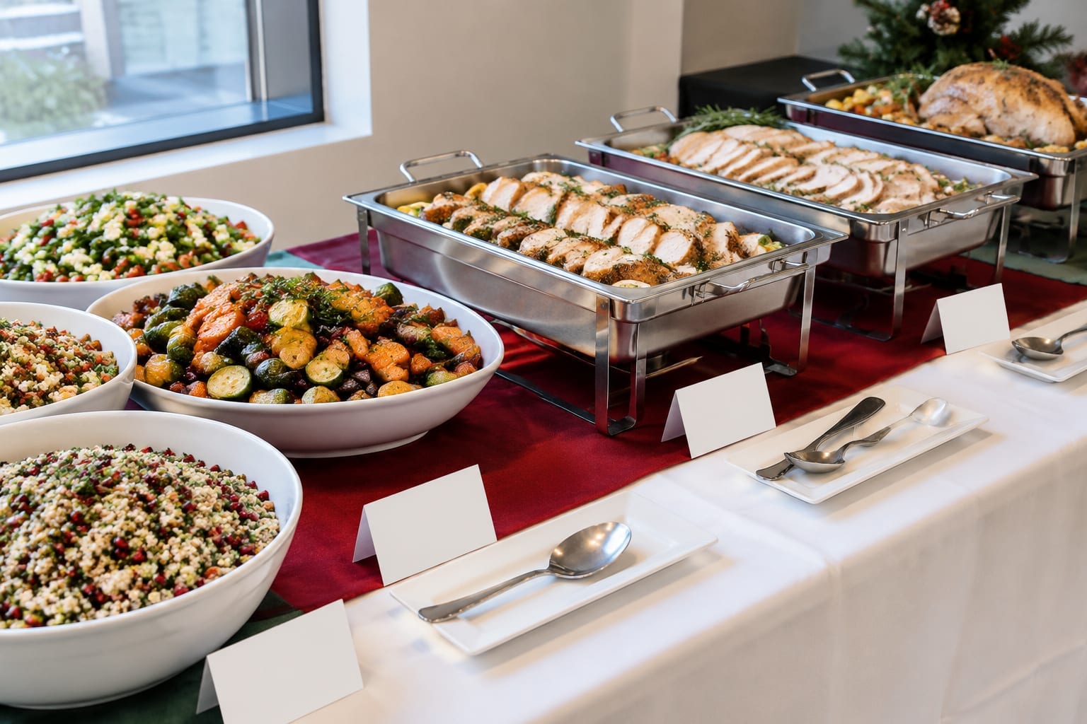 Labelled vegetarian, gluten-free and meat dishes set out separately on a catering buffet